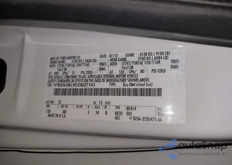 2012 Ford E-350 Super Duty Xlt from USA, damaged, VIN 1FBSS3BL5CDB27193